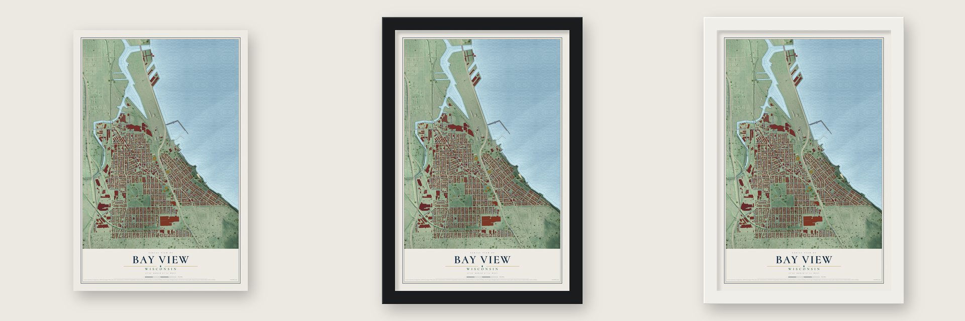 Bay View, Wisconsin map unframed, in a black wood frame and in a white wood frame