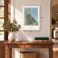 Bay View, Wisconsin map, 12 x 18 inch print in a white frame in an entryway