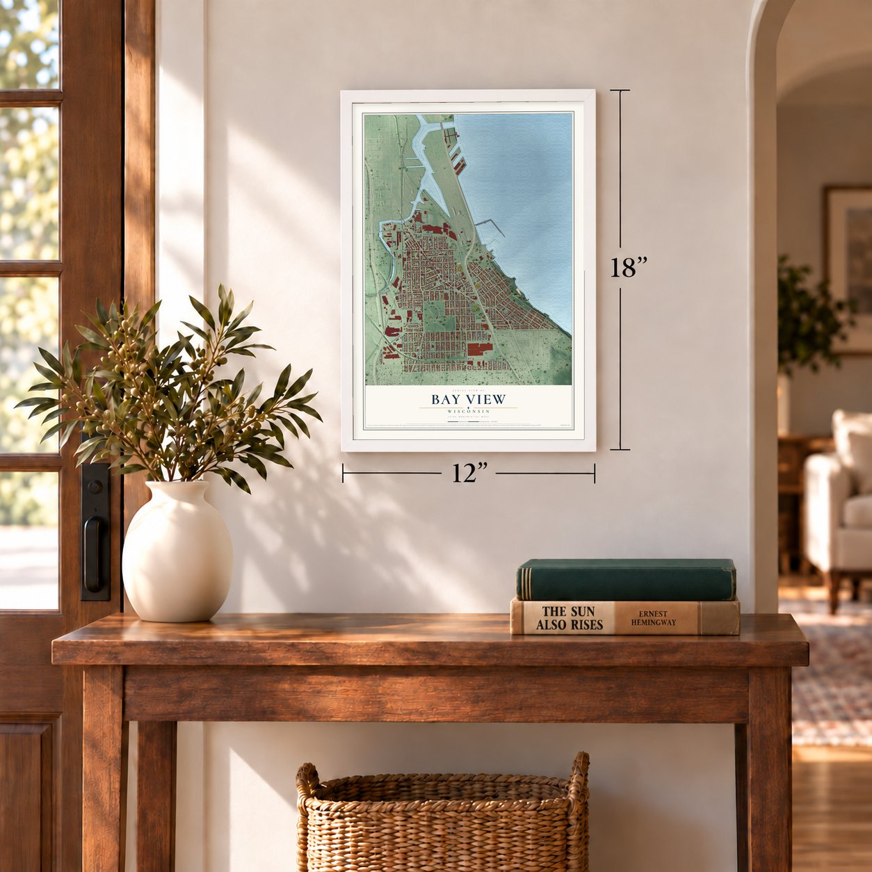 Bay View, Wisconsin map, 12 x 18 inch print in a white frame in an entryway