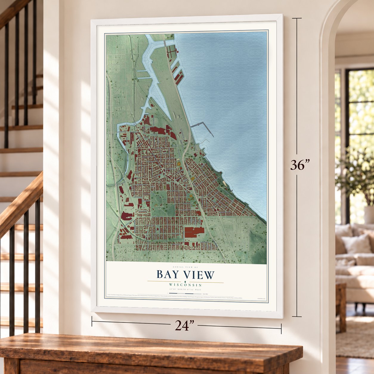 Bay View, Wisconsin map, 24 x 36 inch print in a white frame by a staircase