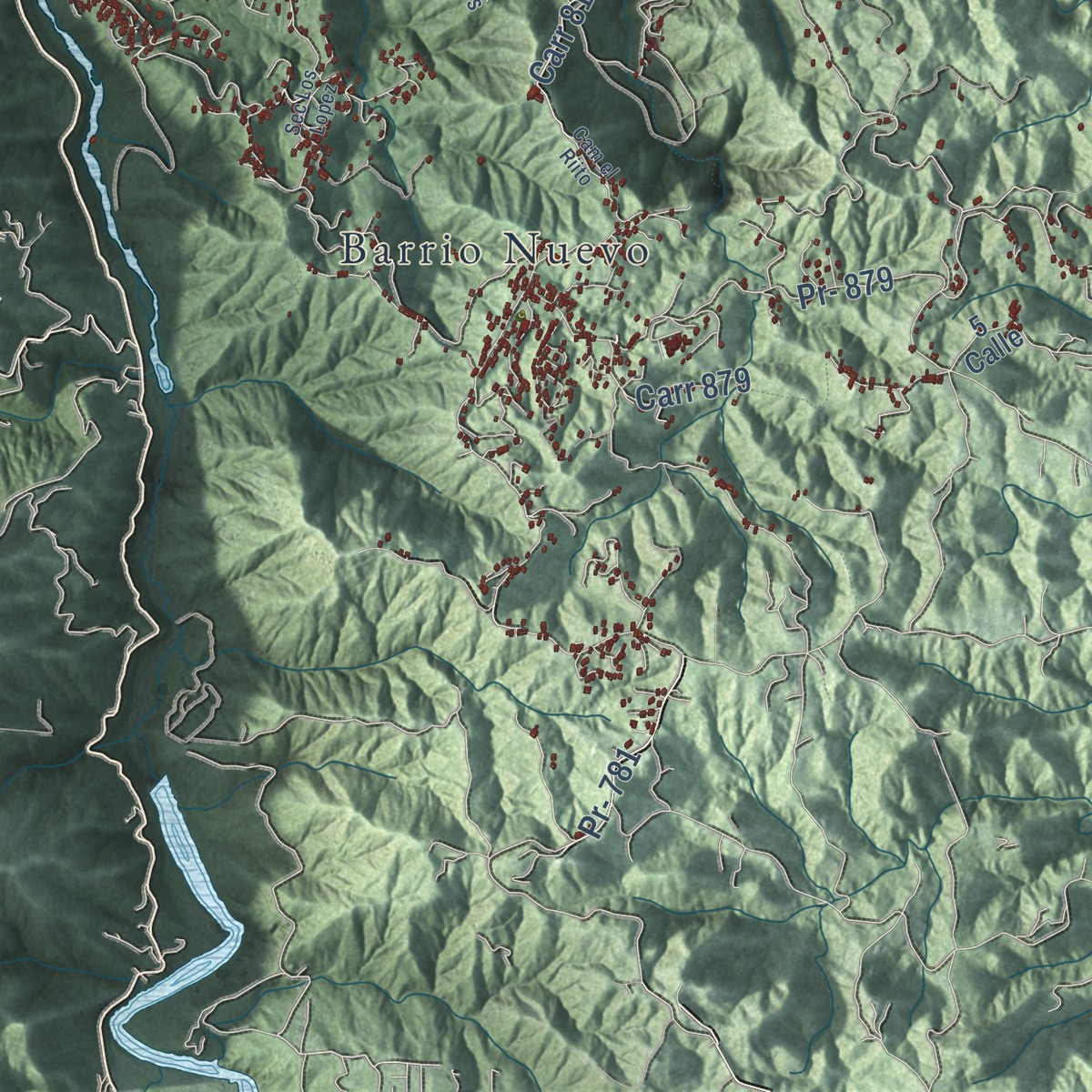 Second close-up of the map of Bayamón, Puerto Rico print showing more streets and buildings