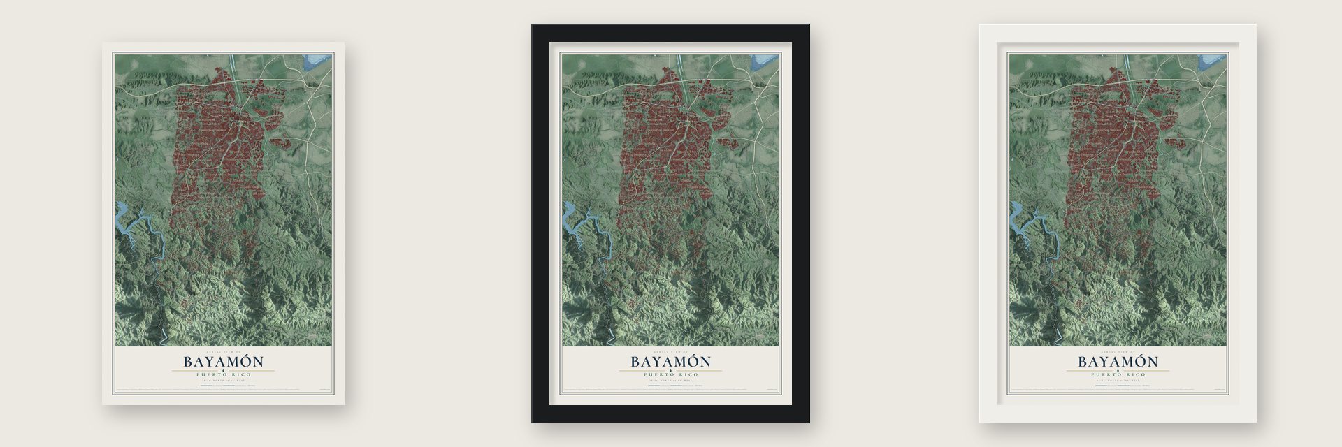 Bayamón, Puerto Rico map unframed, in a black wood frame and in a white wood frame