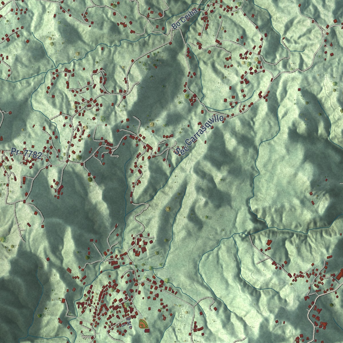 Second close-up of the map of Bayamoncito, Puerto Rico print showing more streets and buildings