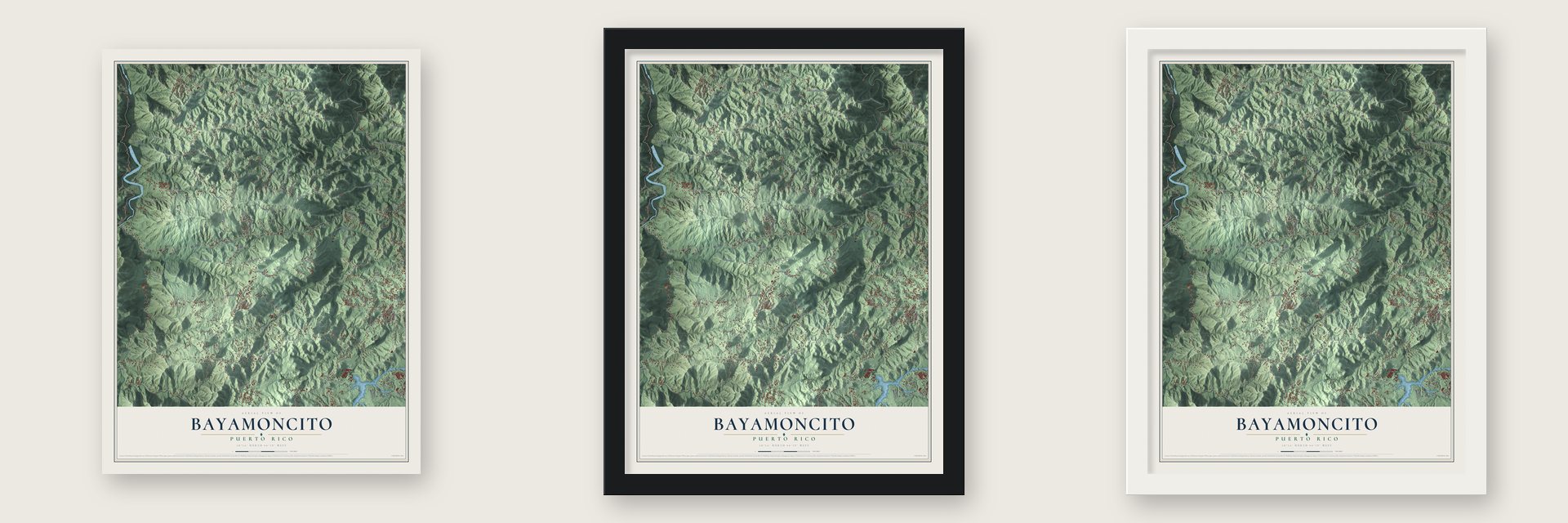 Bayamoncito, Puerto Rico map unframed, in a black wood frame and in a white wood frame