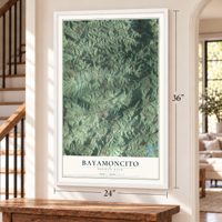 Bayamoncito, Puerto Rico map, 24 x 36 inch print in a white frame by a staircase