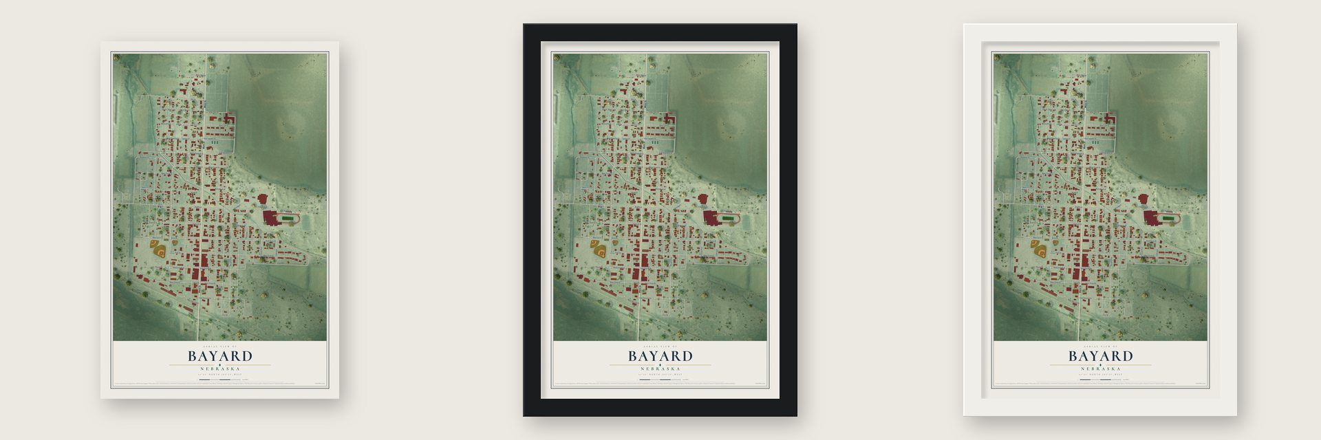 Bayard, Nebraska map unframed, in a black wood frame and in a white wood frame