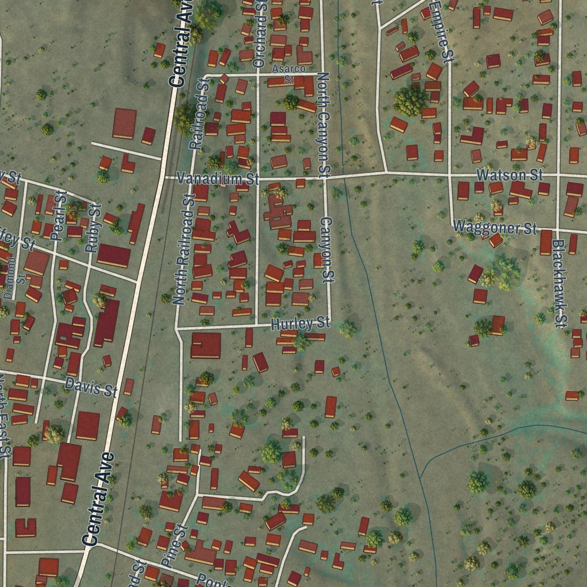 Second close-up of the map of Bayard, New Mexico print showing more streets and buildings