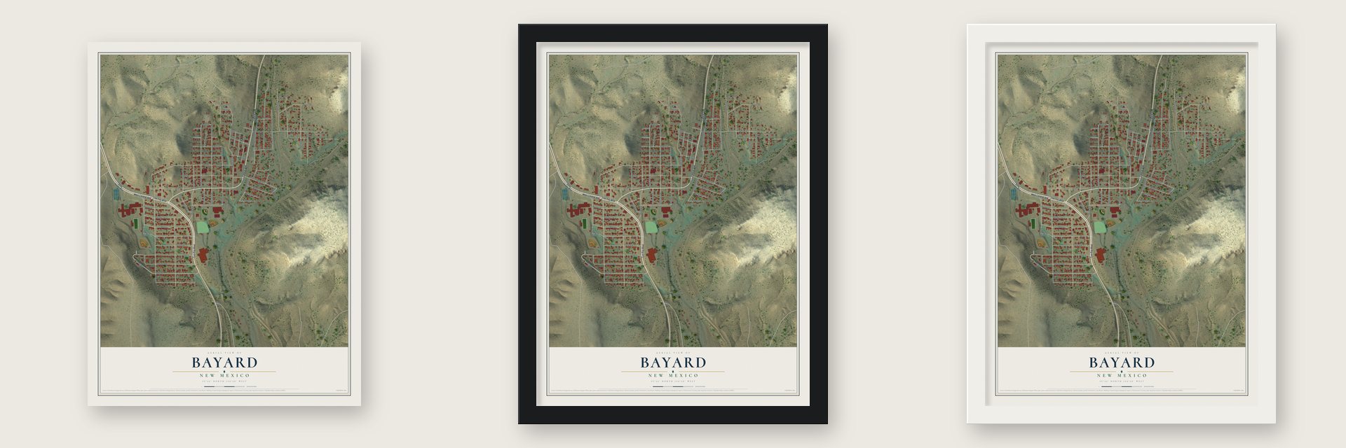 Bayard, New Mexico map unframed, in a black wood frame and in a white wood frame