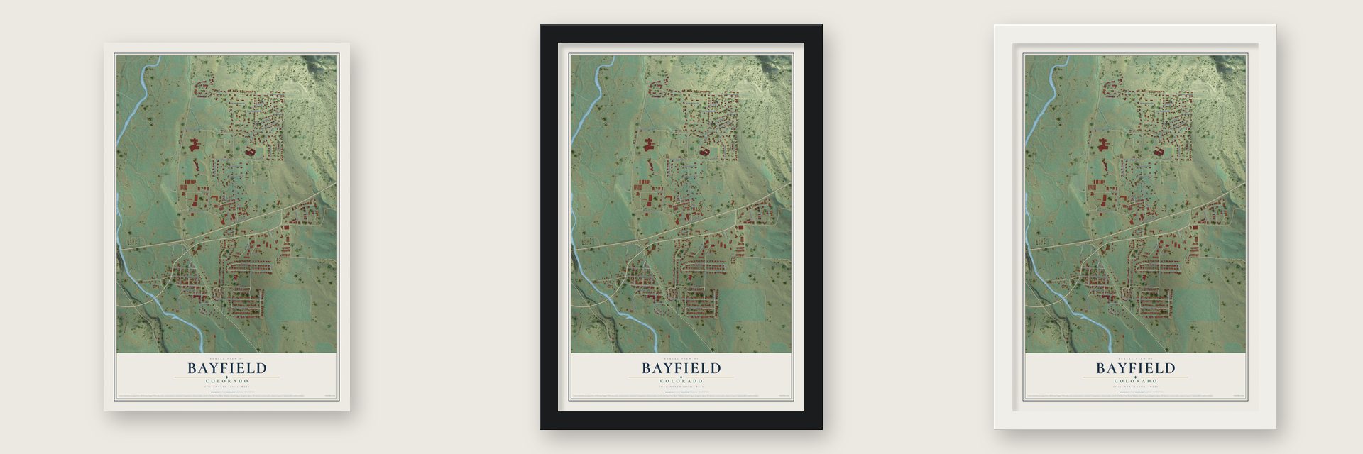 Bayfield, Colorado map unframed, in a black wood frame and in a white wood frame