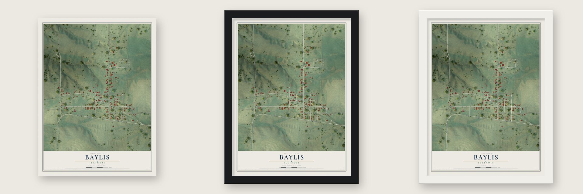 Baylis, Illinois map unframed, in a black wood frame and in a white wood frame