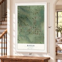 Baylis, Illinois map, 24 x 36 inch print in a white frame by a staircase