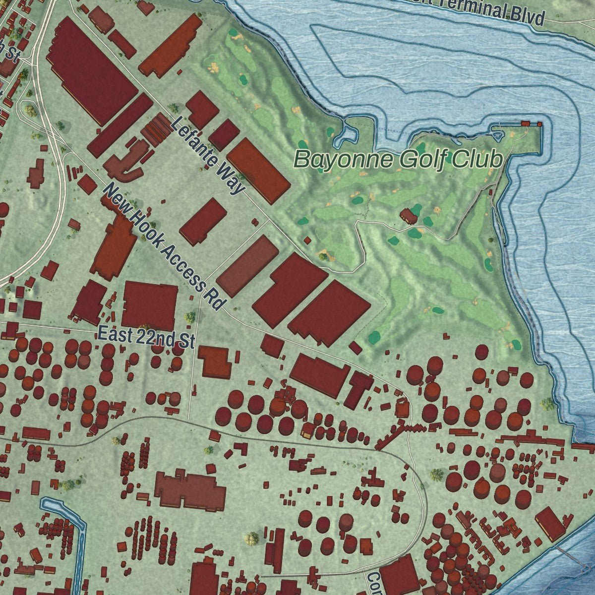 Second close-up of the map of Bayonne, New Jersey print showing more streets and buildings