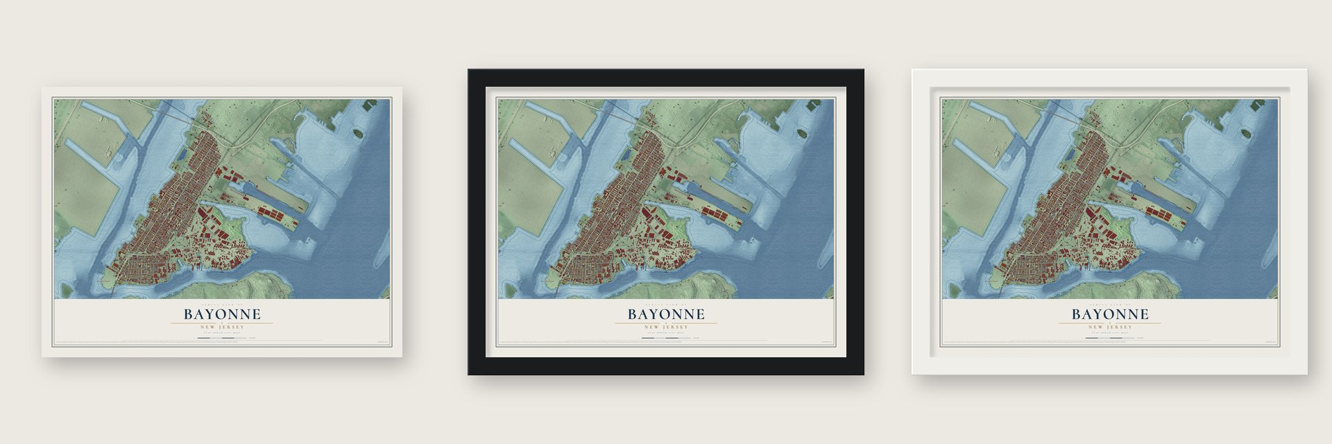 Bayonne, New Jersey map unframed, in a black wood frame and in a white wood frame