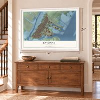 Bayonne, New Jersey map, 24 x 36 inch print in a white frame above a dresser by a staircase
