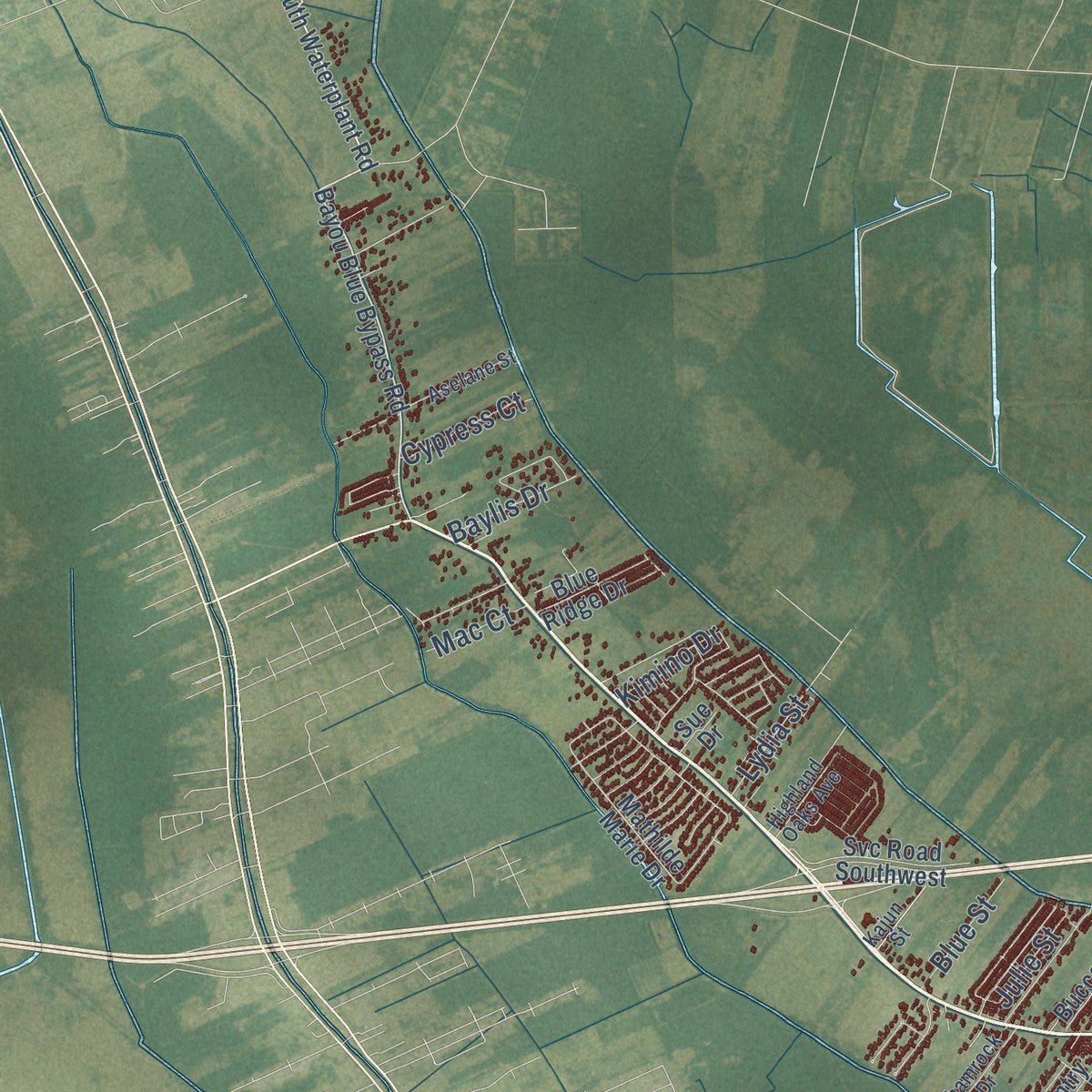 Second close-up of the map of Bayou Blue, Louisiana print showing more streets and buildings