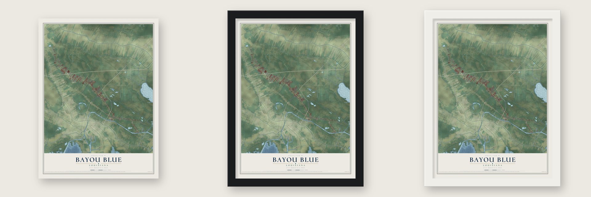 Bayou Blue, Louisiana map unframed, in a black wood frame and in a white wood frame