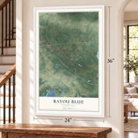 Bayou Blue, Louisiana map, 24 x 36 inch print in a white frame by a staircase
