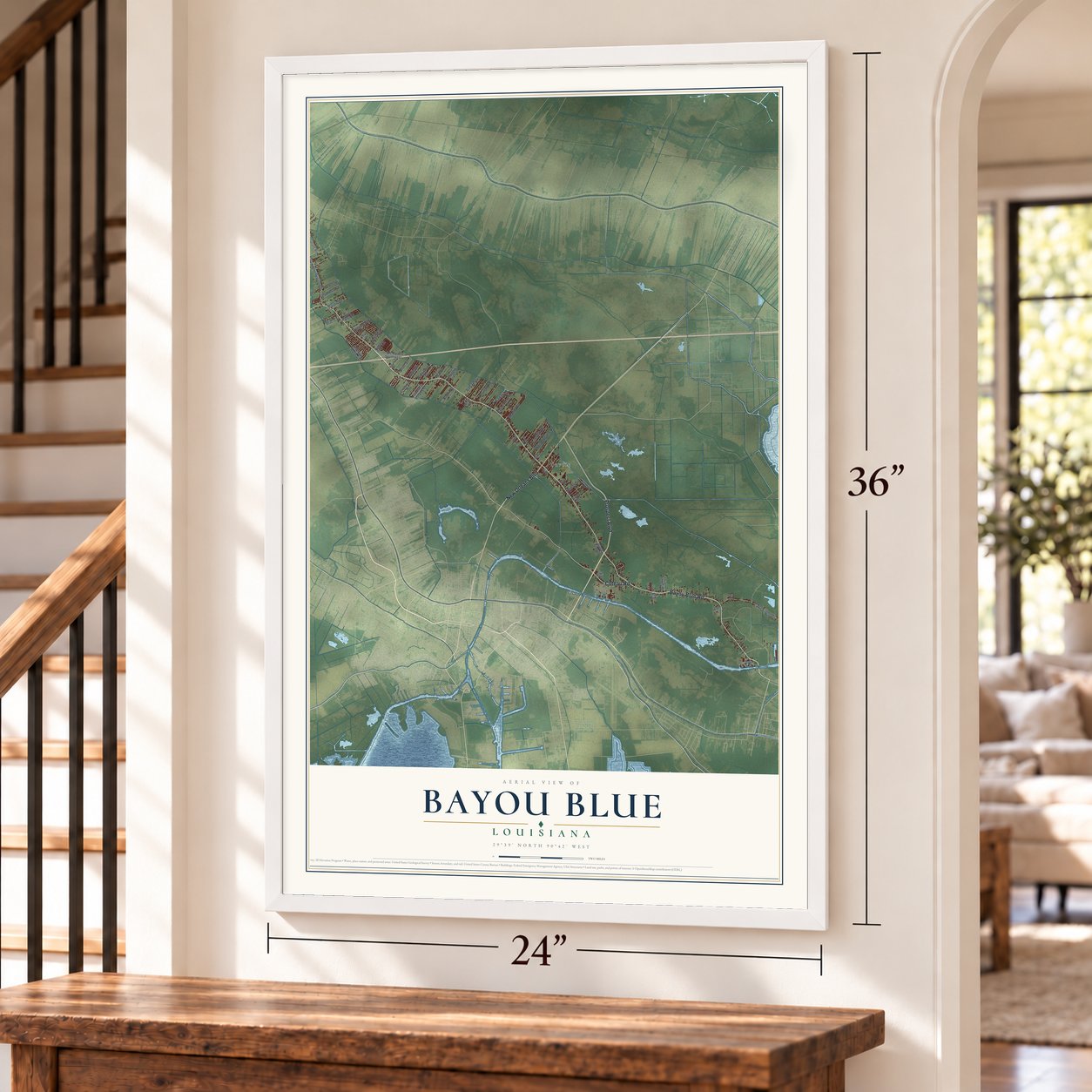 Bayou Blue, Louisiana map, 24 x 36 inch print in a white frame by a staircase
