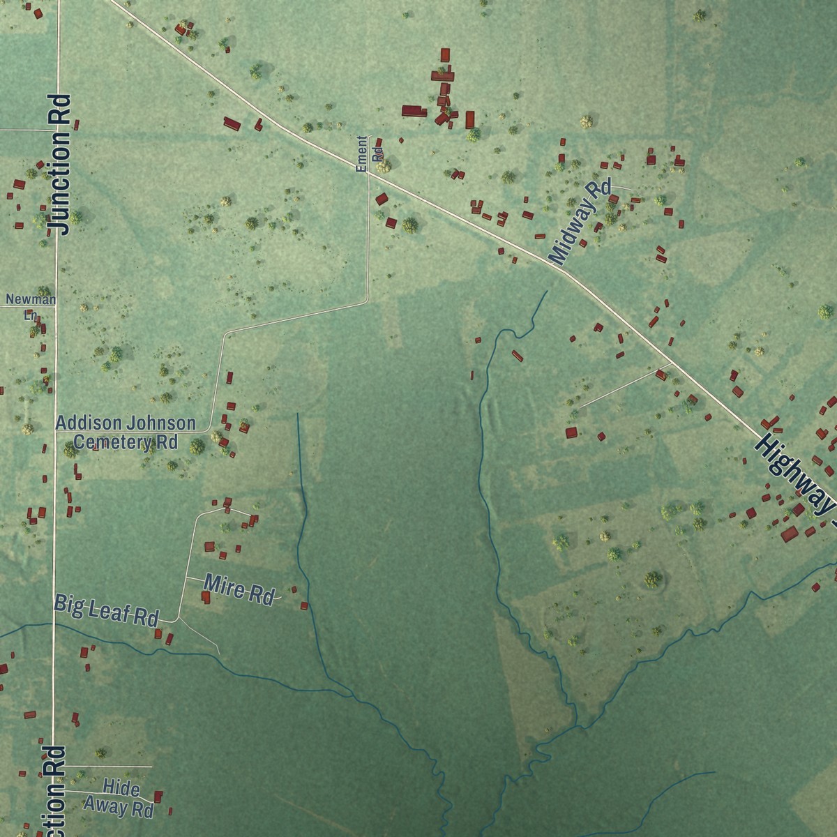 Second close-up of the map of Bayou Chicot, Louisiana print showing more streets and buildings