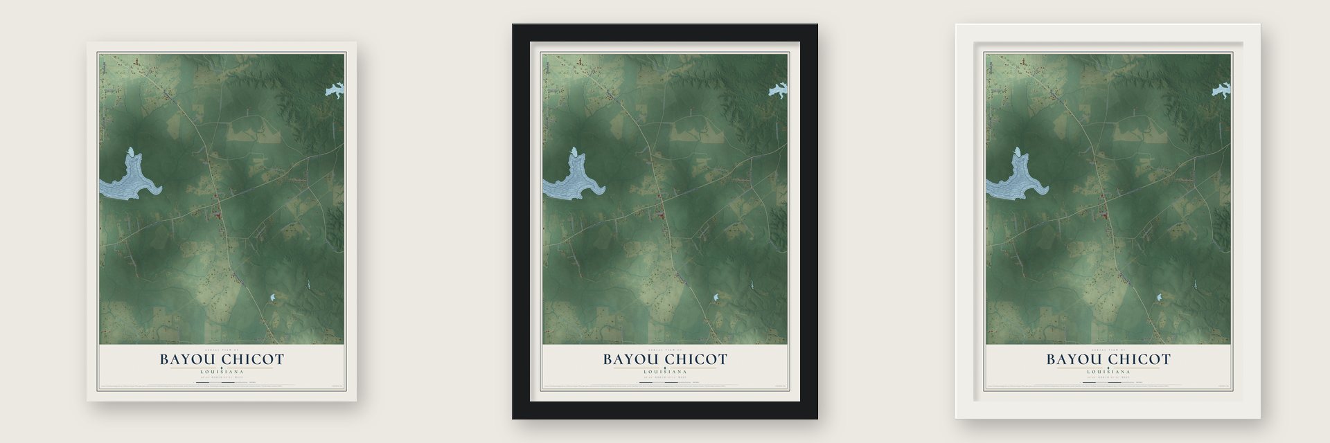 Bayou Chicot, Louisiana map unframed, in a black wood frame and in a white wood frame