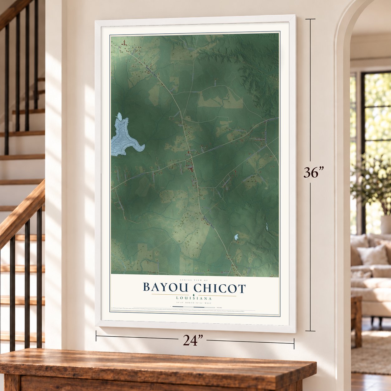Bayou Chicot, Louisiana map, 24 x 36 inch print in a white frame by a staircase