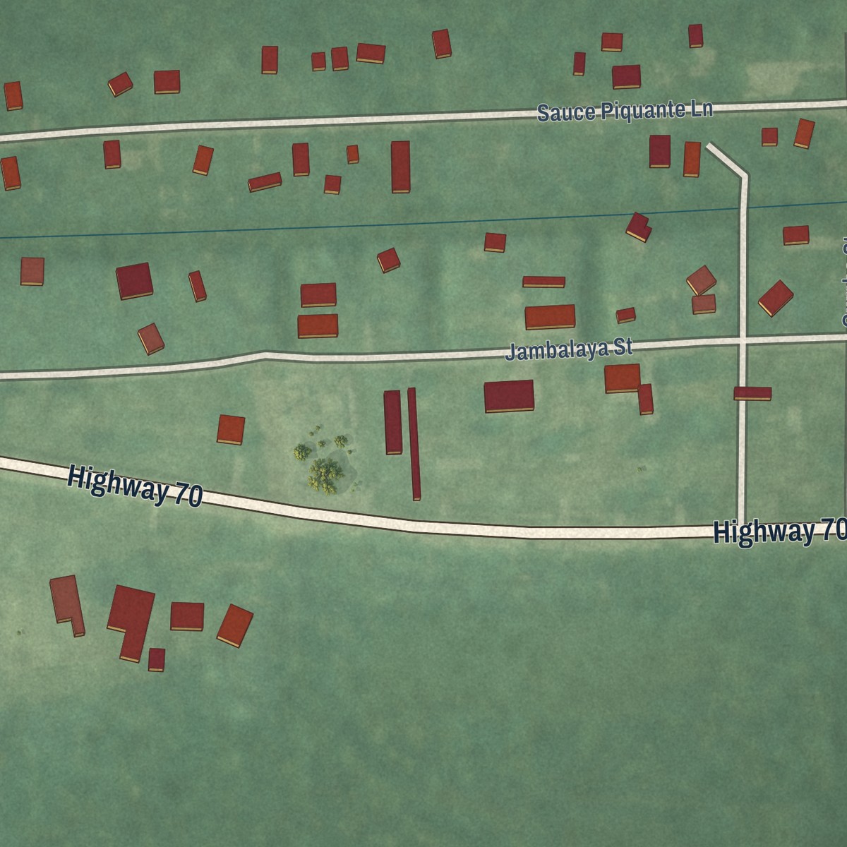 Second close-up of the map of Bayou Corne, Louisiana print showing more streets and buildings