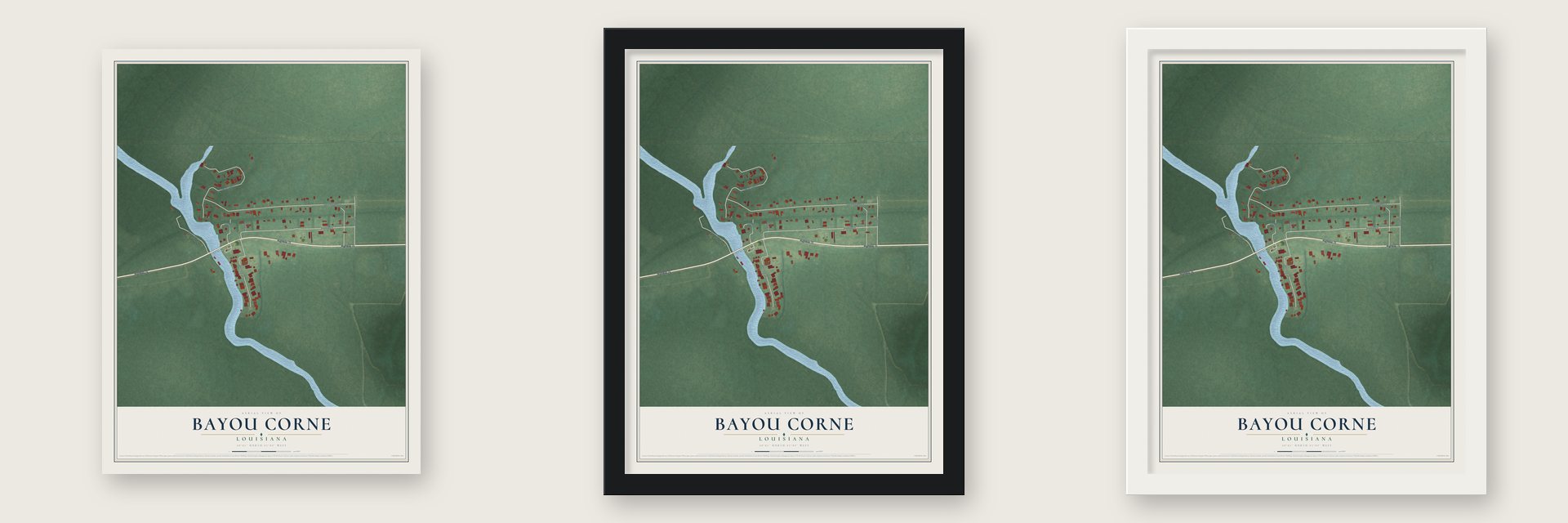 Bayou Corne, Louisiana map unframed, in a black wood frame and in a white wood frame