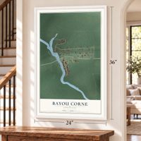 Bayou Corne, Louisiana map, 24 x 36 inch print in a white frame by a staircase