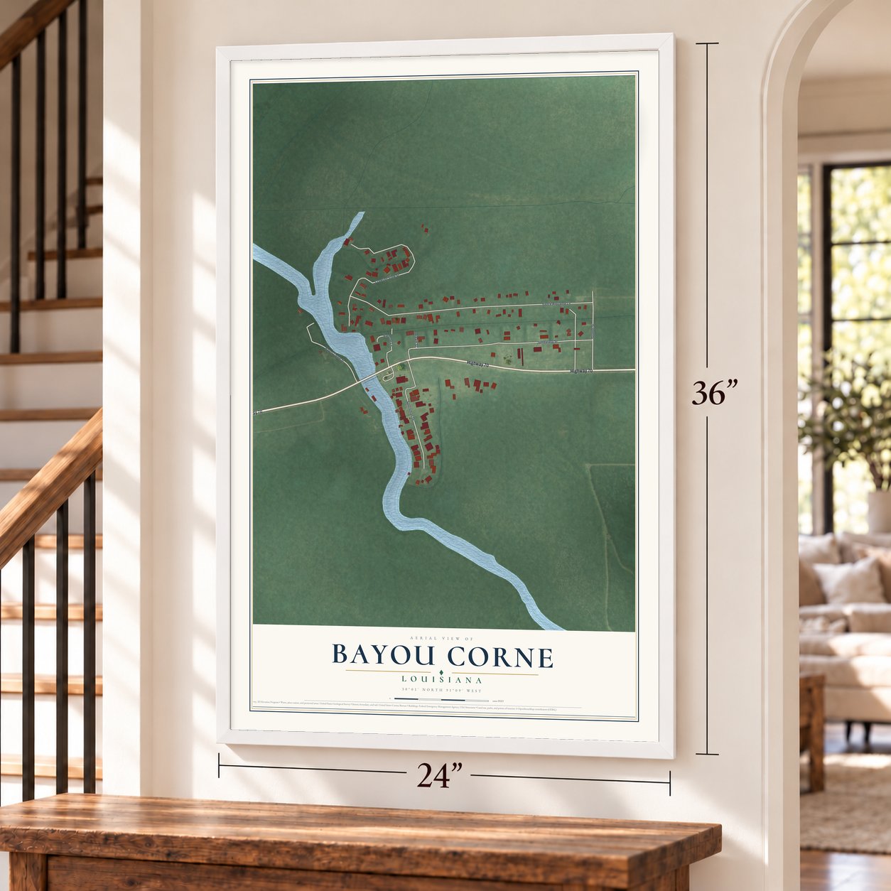 Bayou Corne, Louisiana map, 24 x 36 inch print in a white frame by a staircase