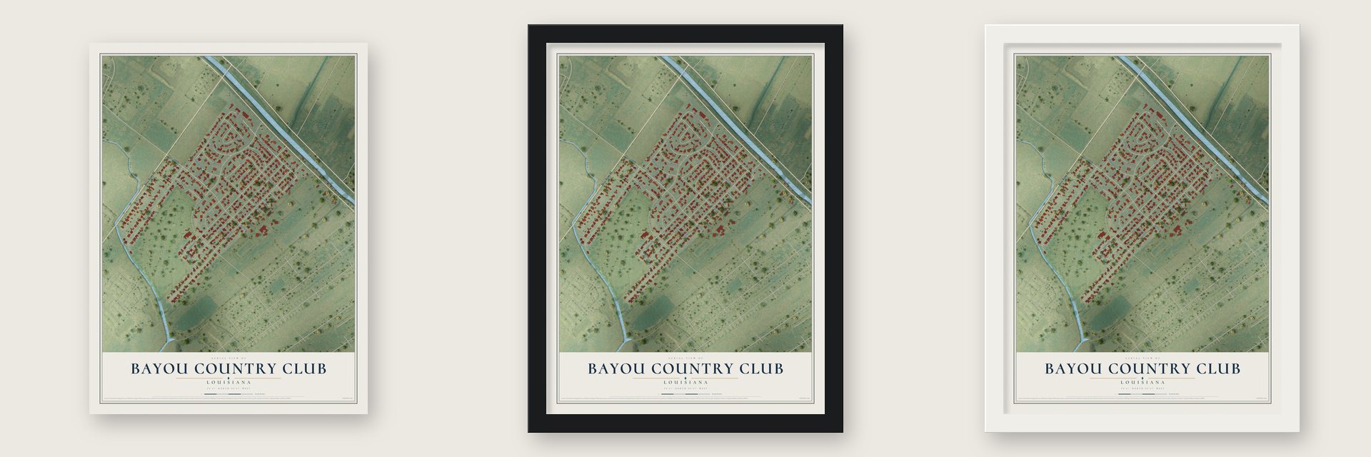 Bayou Country Club, Louisiana map unframed, in a black wood frame and in a white wood frame