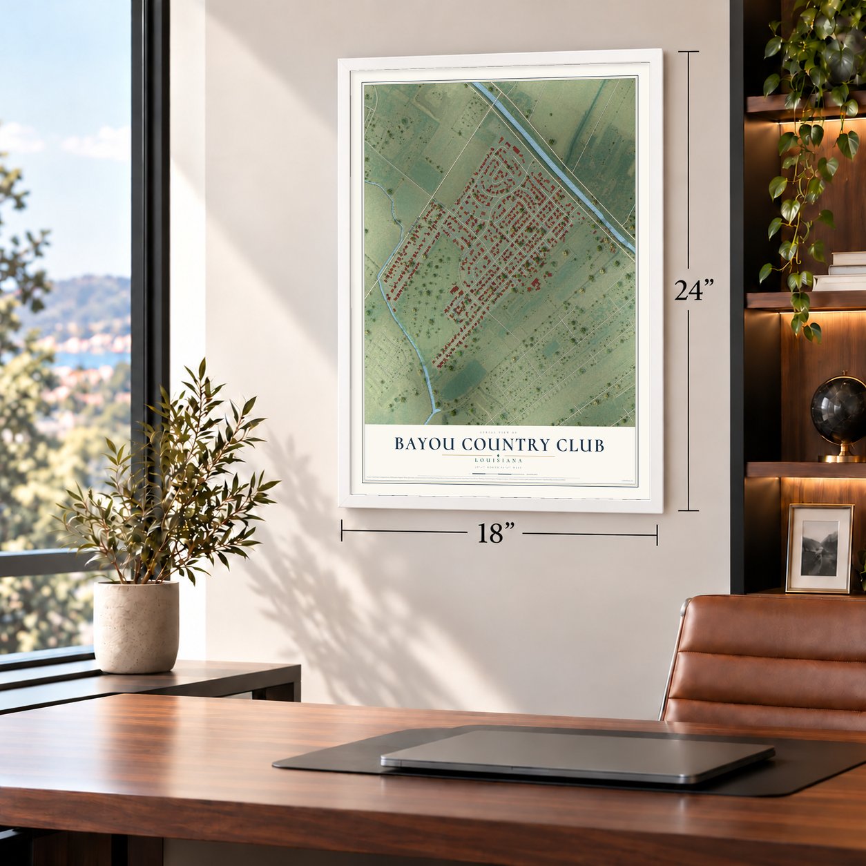 Bayou Country Club, Louisiana map, 18 x 24 inch print in a white frame in a home office