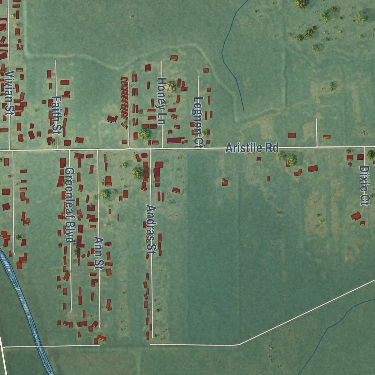 Second close-up of the map of Bayou L'Ourse, Louisiana print showing more streets and buildings