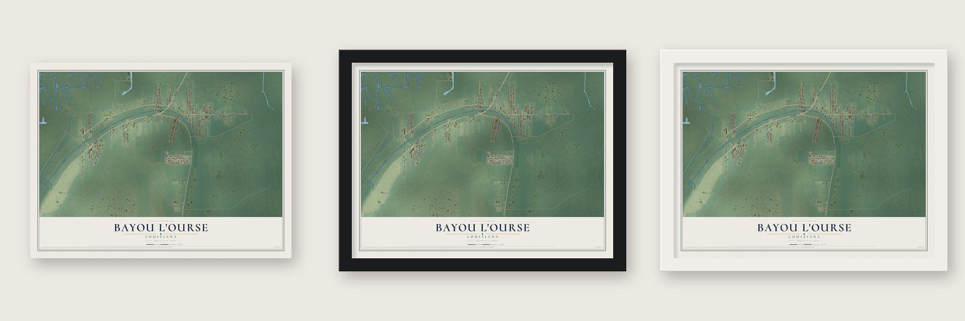 Bayou L'Ourse, Louisiana map unframed, in a black wood frame and in a white wood frame