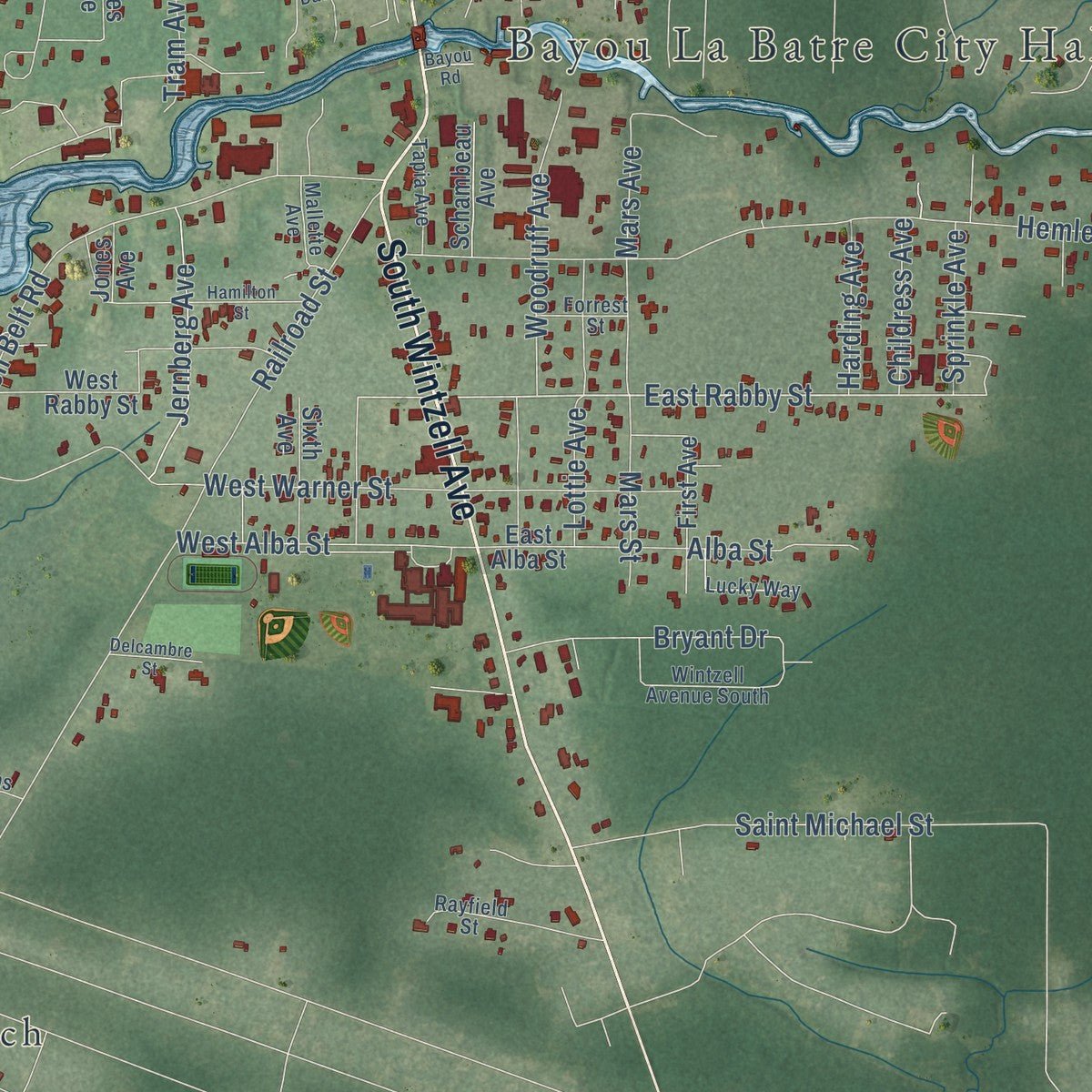 Second close-up of the map of Bayou La Batre, Alabama print showing more streets and buildings