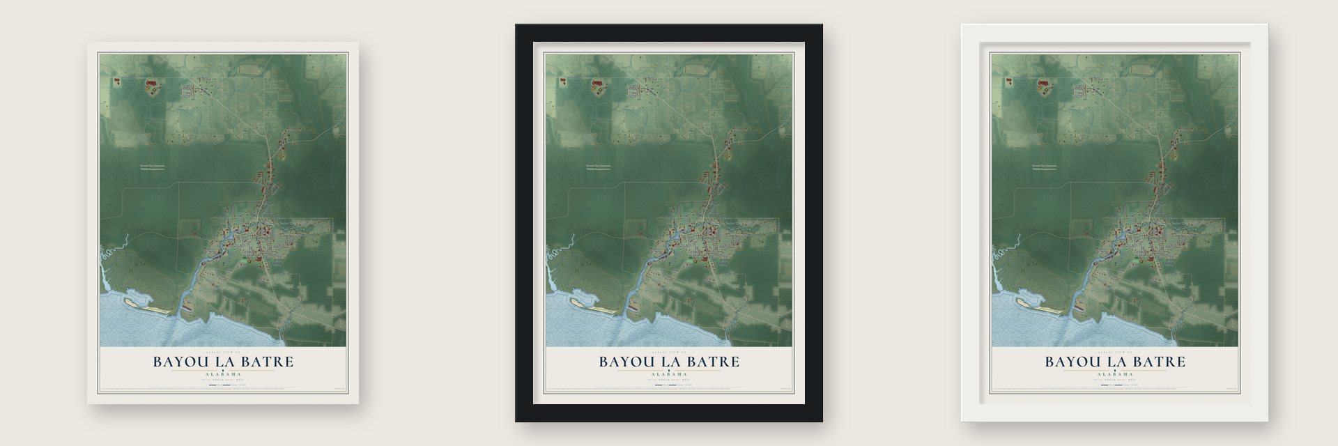Bayou La Batre, Alabama map unframed, in a black wood frame and in a white wood frame