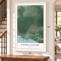 Bayou La Batre, Alabama map, 24 x 36 inch print in a white frame by a staircase