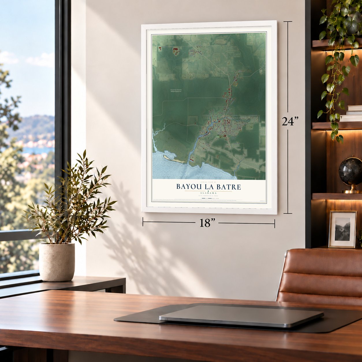Bayou La Batre, Alabama map, 18 x 24 inch print in a white frame in a home office