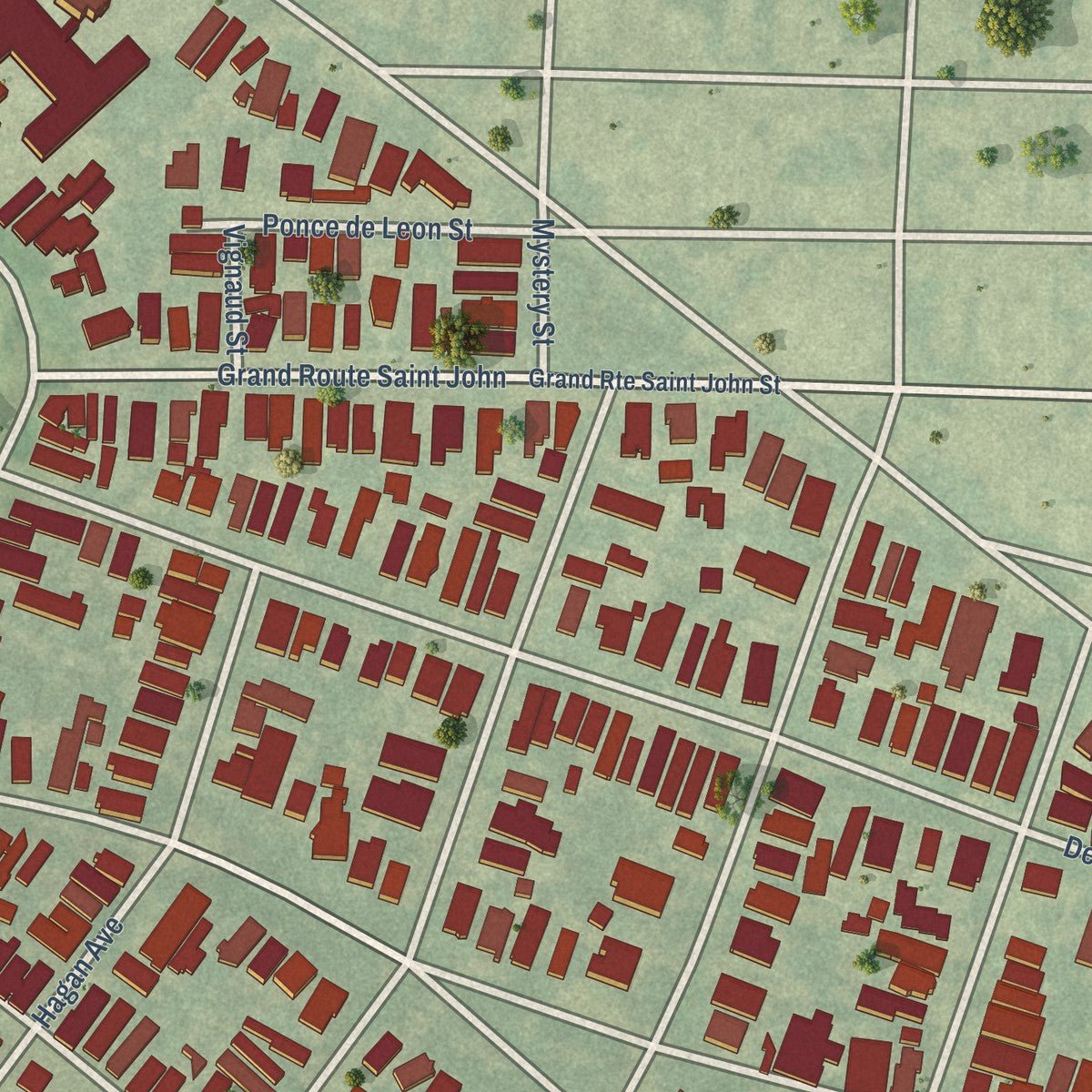 Second close-up of the map of Bayou St. John, Louisiana print showing more streets and buildings