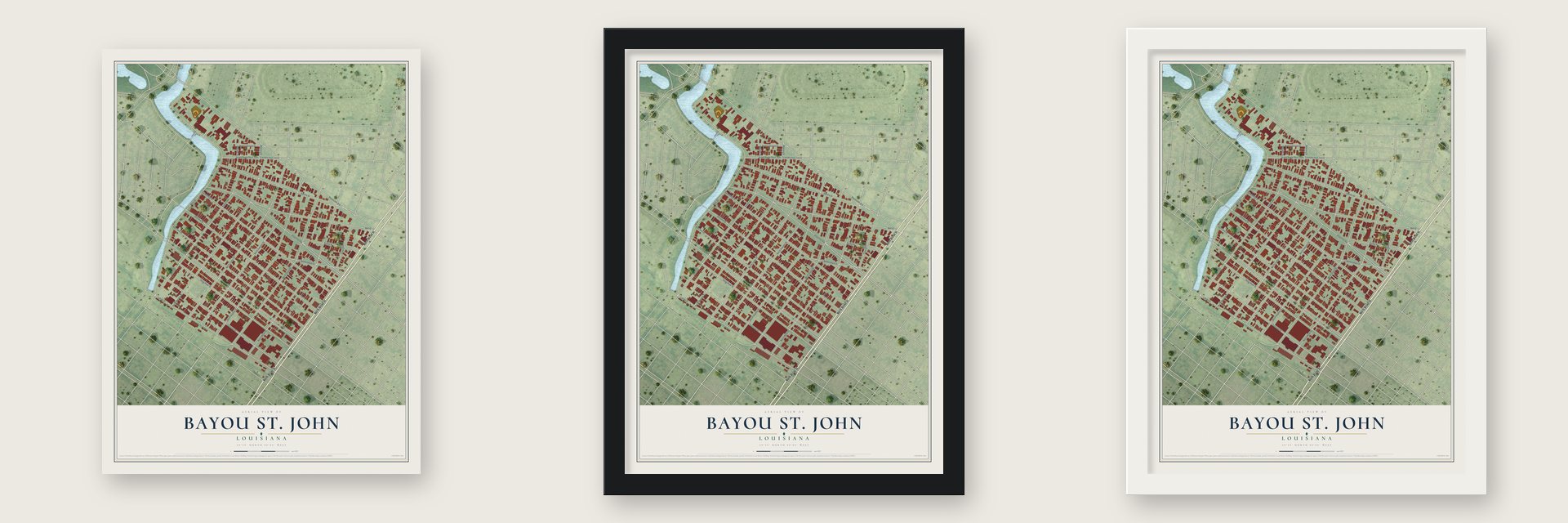 Bayou St. John, Louisiana map unframed, in a black wood frame and in a white wood frame