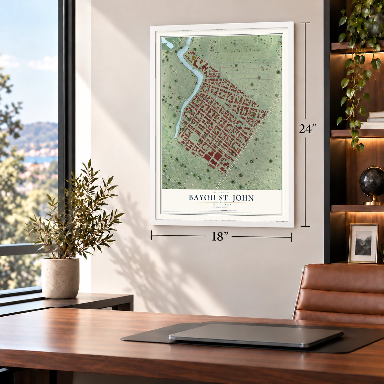 Bayou St. John, Louisiana map, 18 x 24 inch print in a white frame in a home office