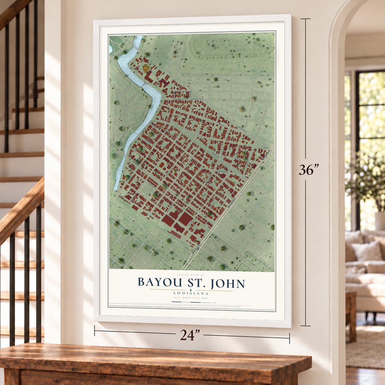 Bayou St. John, Louisiana map, 24 x 36 inch print in a white frame by a staircase