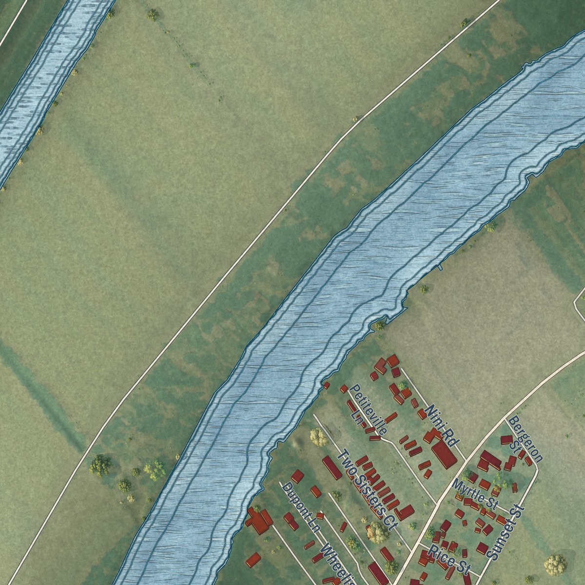 Second close-up of the map of Bayou Vista, Louisiana print showing more streets and buildings