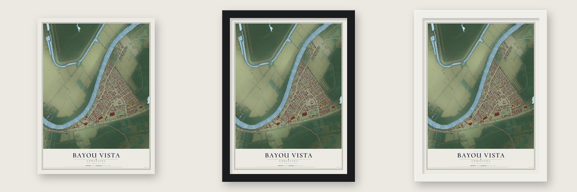 Bayou Vista, Louisiana map unframed, in a black wood frame and in a white wood frame