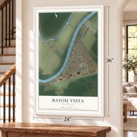 Bayou Vista, Louisiana map, 24 x 36 inch print in a white frame by a staircase
