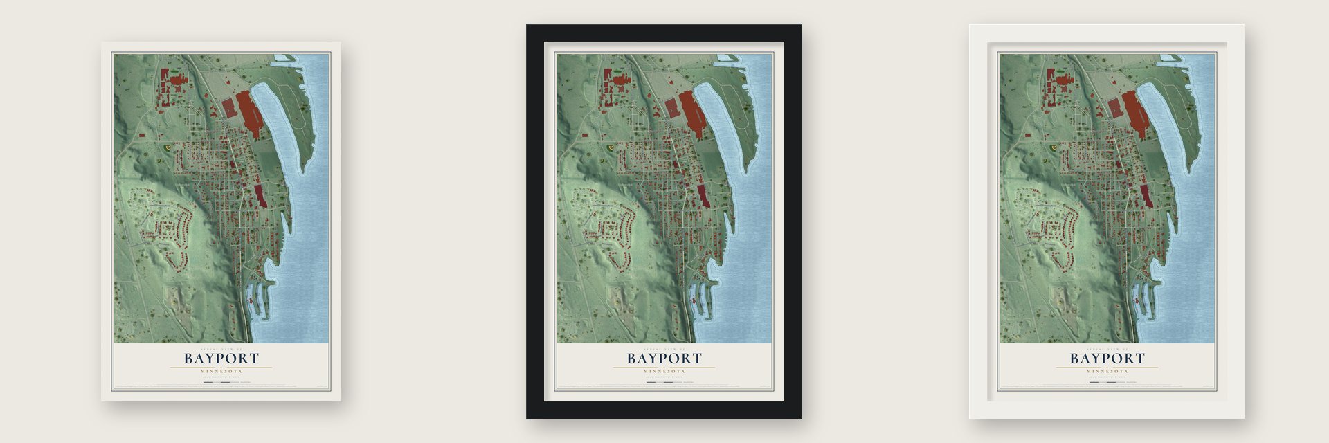 Bayport, Minnesota map unframed, in a black wood frame and in a white wood frame