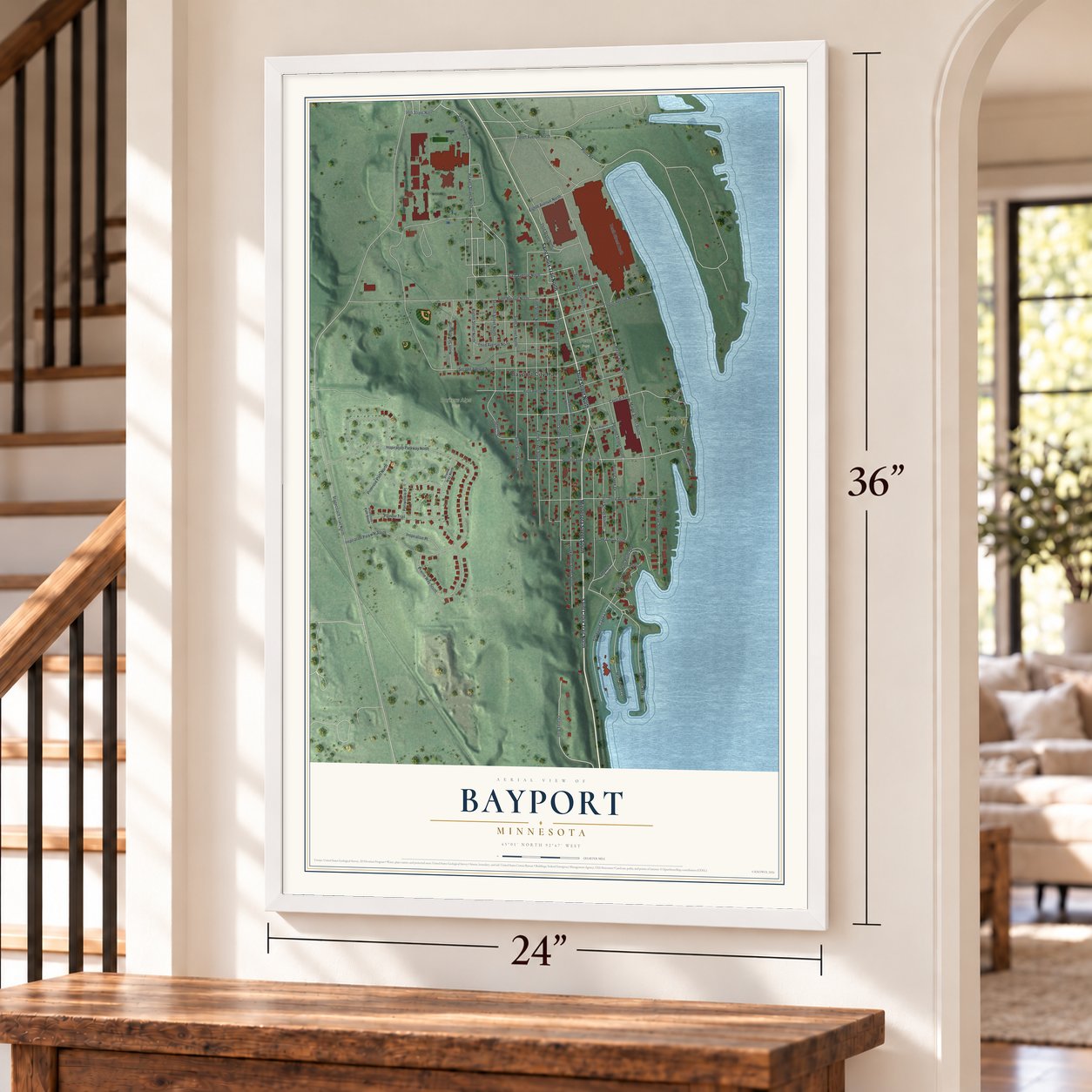 Bayport, Minnesota map, 24 x 36 inch print in a white frame by a staircase