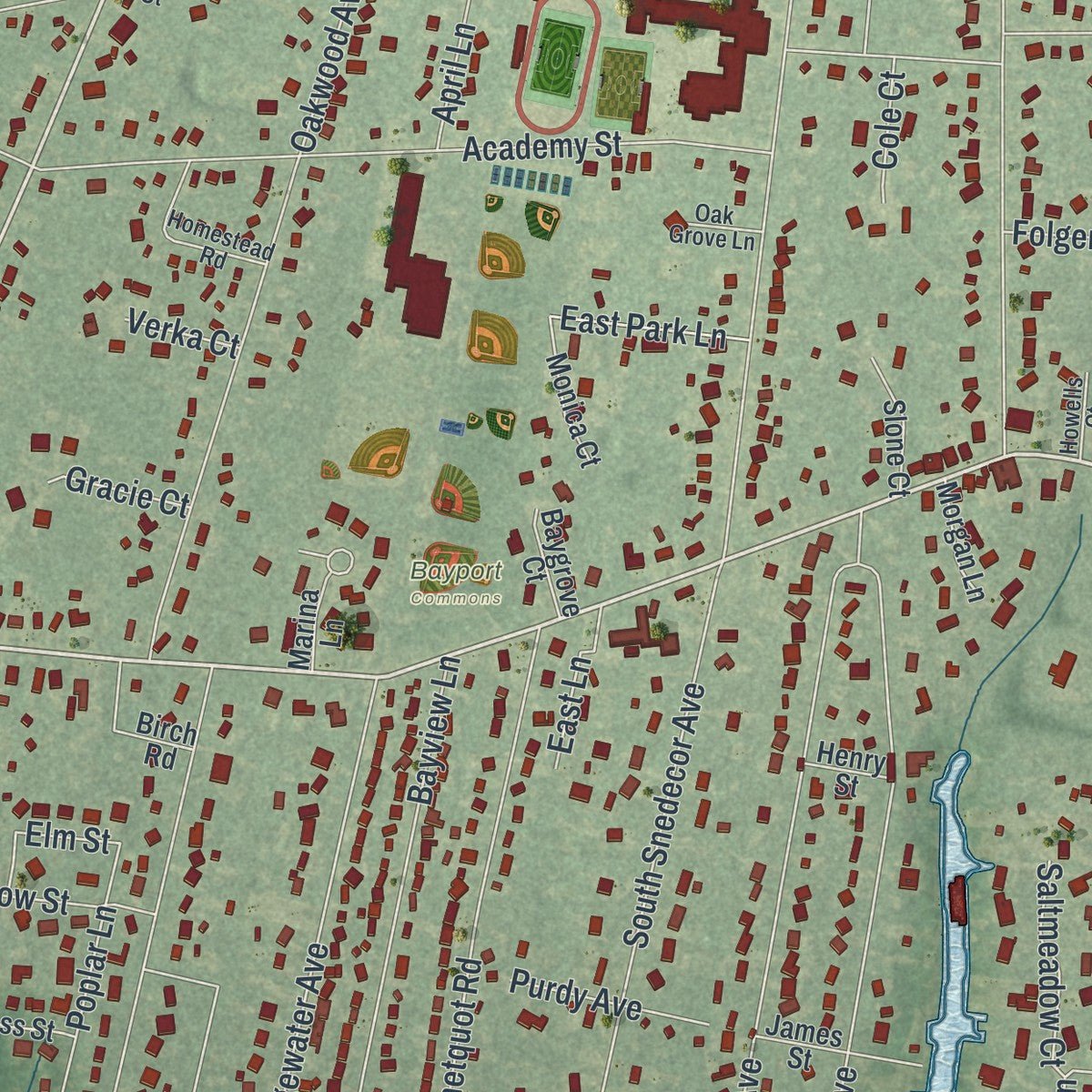 Second close-up of the map of Bayport, New York print showing more streets and buildings