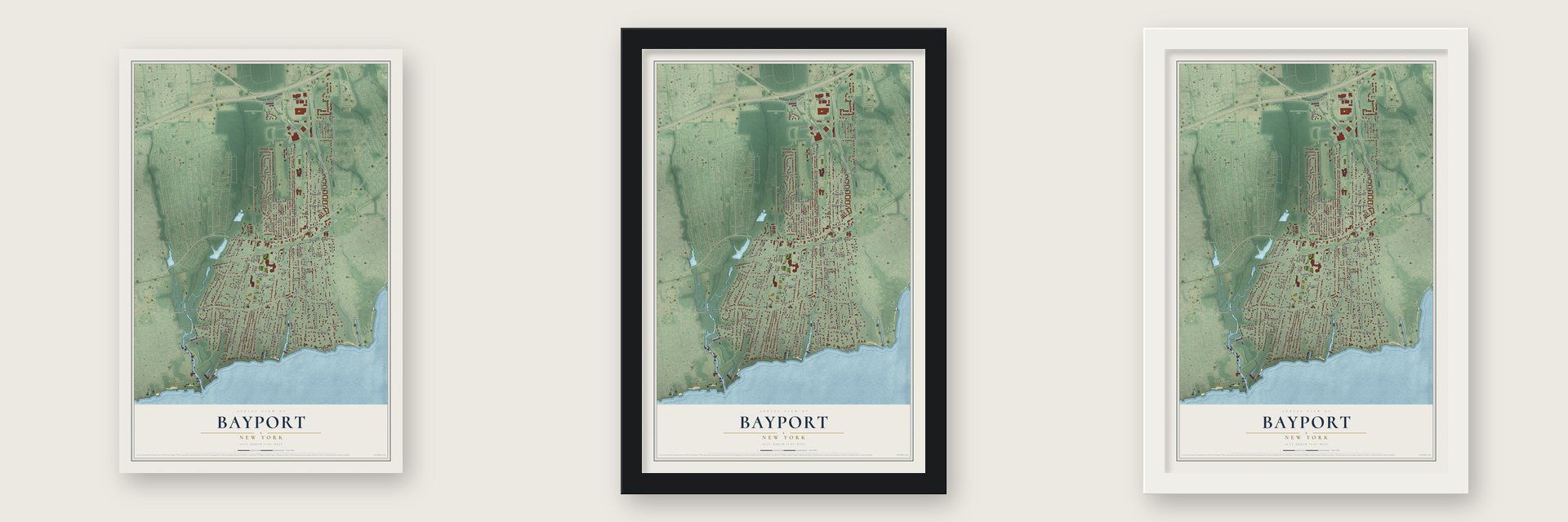 Bayport, New York map unframed, in a black wood frame and in a white wood frame