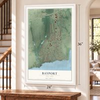Bayport, New York map, 24 x 36 inch print in a white frame by a staircase