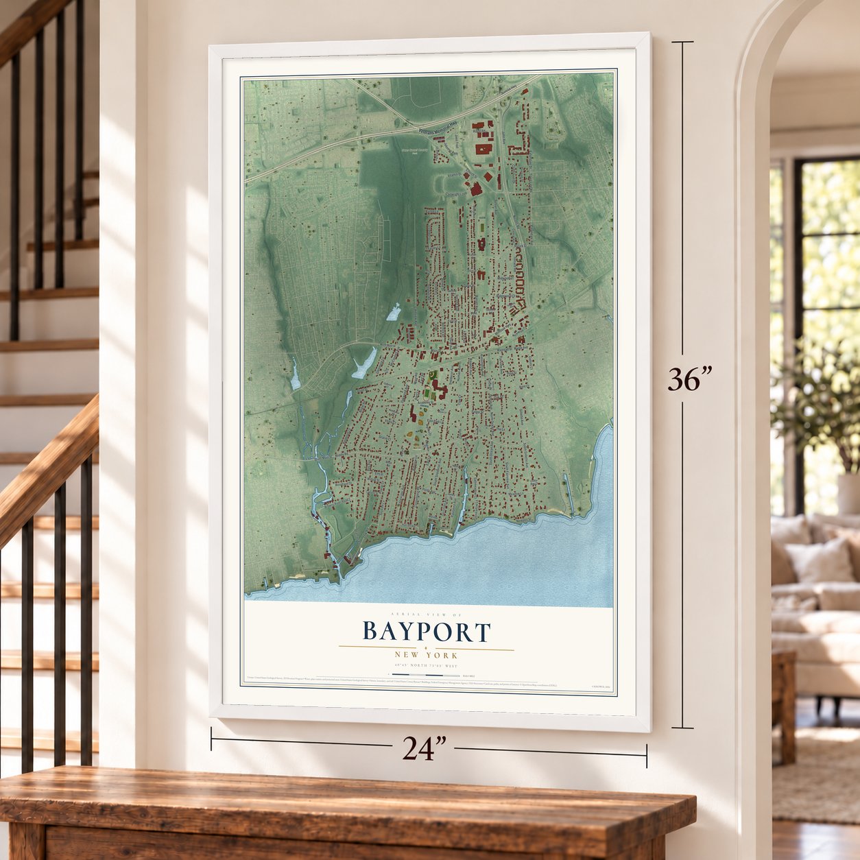 Bayport, New York map, 24 x 36 inch print in a white frame by a staircase